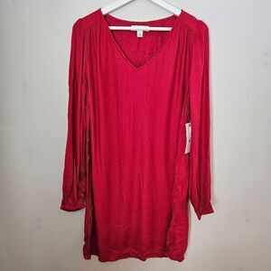 Treasure & Bond Dress Long Sleeve Red V-Neck Viscose Casual Solid Neutral